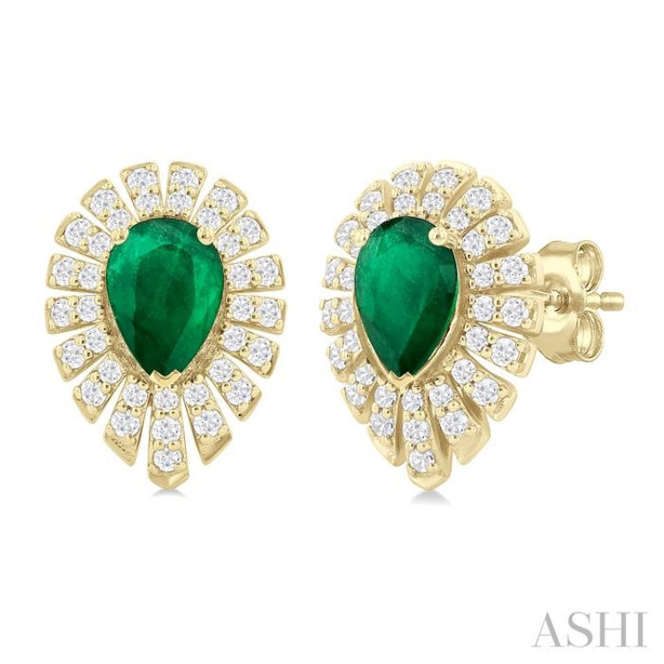 5X3 MM Pear Cut Emerald and 1/3 ctw Starburst Round Cut Diamond Precious Stud Earring in 14K Yellow Gold