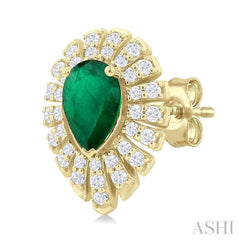 5X3 MM Pear Cut Emerald and 1/3 ctw Starburst Round Cut Diamond Precious Stud Earring in 14K Yellow Gold