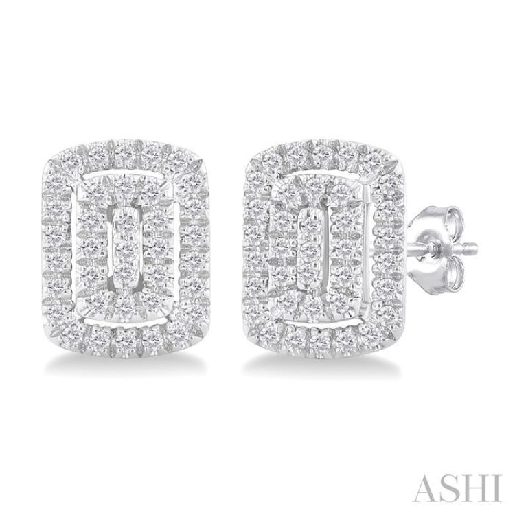 1/5 ctw Double Halo Emerald Shape Petite Round Cut Diamond Fashion Stud Earring in 10K White Gold