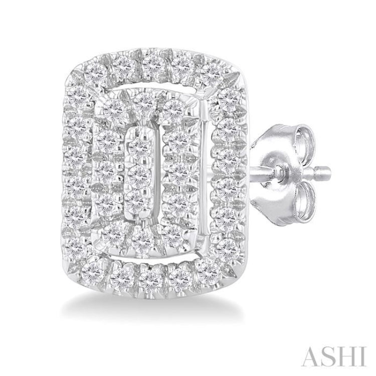 1/5 ctw Double Halo Emerald Shape Petite Round Cut Diamond Fashion Stud Earring in 10K White Gold