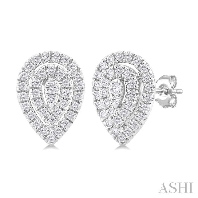 1/5 ctw Double Halo Pear Shape Petite Round Cut Diamond Fashion Stud Earring in 10K White Gold