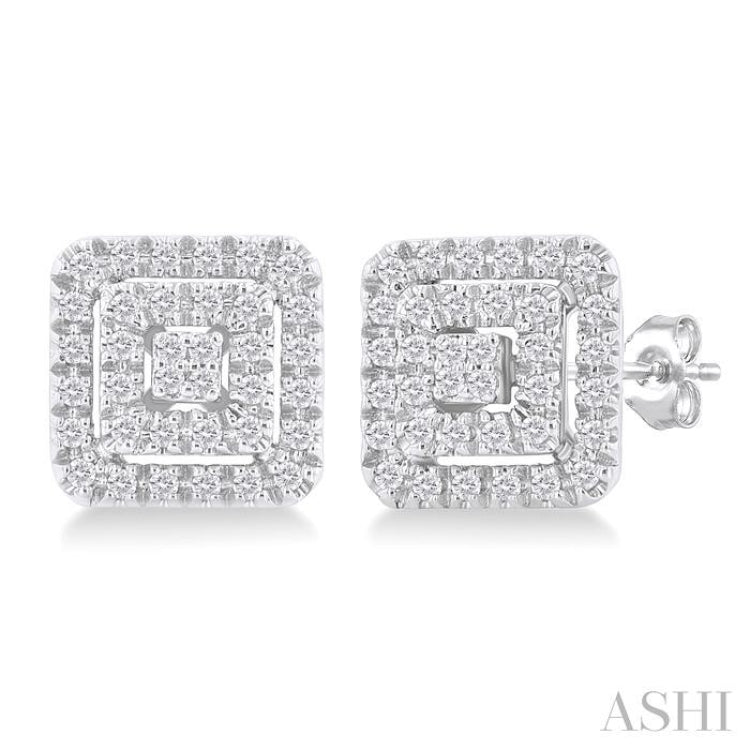 1/5 ctw Double Halo Square Shape Petite Round Cut Diamond Fashion Stud Earring in 10K White Gold
