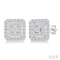 1/5 ctw Double Halo Square Shape Petite Round Cut Diamond Fashion Stud Earring in 10K White Gold