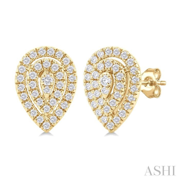 1/5 ctw Double Halo Pear Shape Petite  Round Cut Diamond Fashion Stud Earring in 10K Yellow Gold