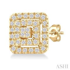 1/5 ctw Double Halo Square Shape Petite Round Cut Diamond Fashion Stud Earring in 10K Yellow Gold
