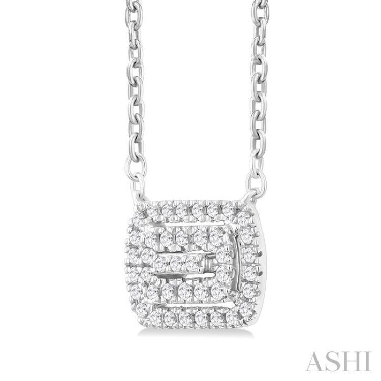 1/6 ctw Double Halo Emerald Shape Petite Round Cut Diamond Fashion Pendant With Chain in 10K White Gold