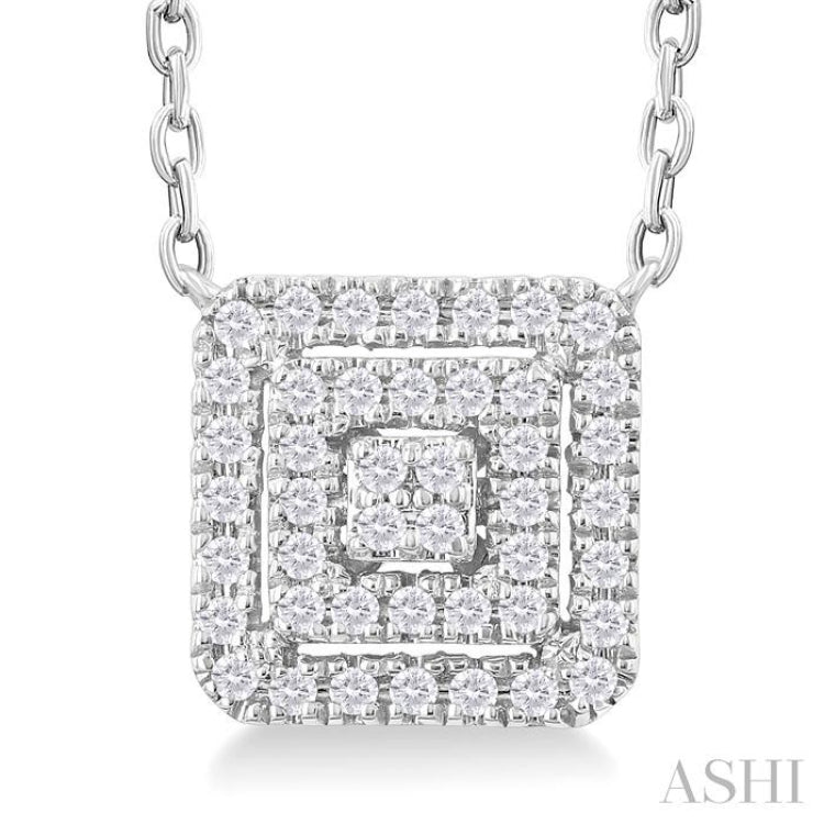 1/6 ctw Double Halo Square Shape Petite  Round Cut Diamond Fashion Pendant With Chain in 10K White Gold