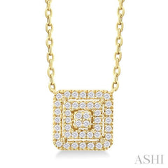 1/6 ctw Double Halo Square Shape Petite  Round Cut Diamond Fashion Pendant With Chain in 10K Yellow Gold