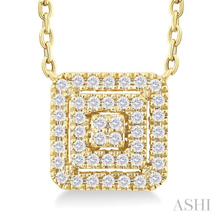 1/6 ctw Double Halo Square Shape Petite  Round Cut Diamond Fashion Pendant With Chain in 10K Yellow Gold