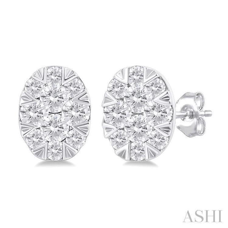 1/6 ctw Lovebright Petite Oval Shape Round Cut Diamond Fashion Stud Earring in 10K White Gold