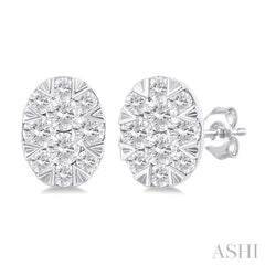 1/6 ctw Lovebright Petite Oval Shape Round Cut Diamond Fashion Stud Earring in 10K White Gold