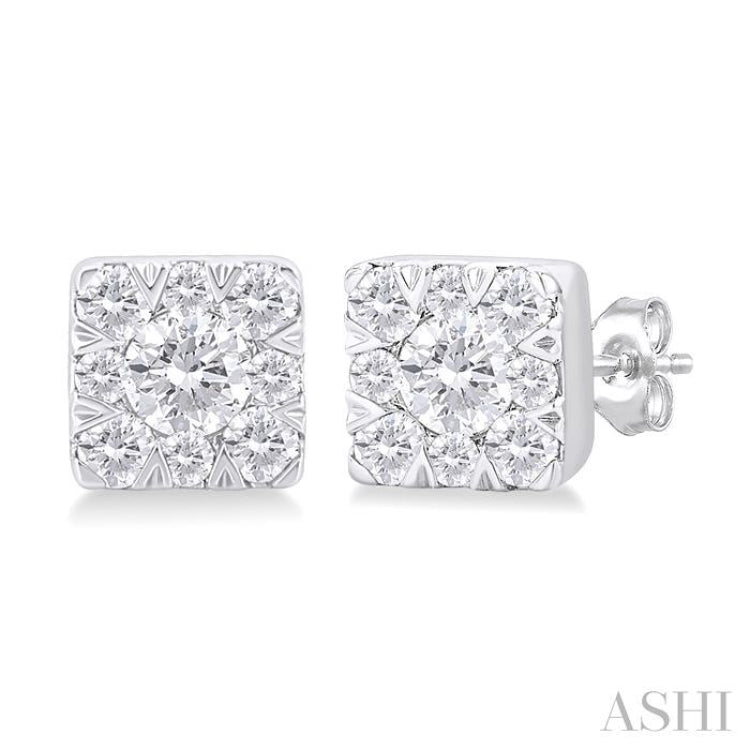 1/6 ctw Lovebright Petite Square Shape Round Cut Diamond Fashion Stud Earring in 10K White Gold