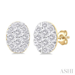 1/6 ctw Lovebright Petite Oval Shape Round Cut Diamond Fashion Stud Earring in 10K Yellow Gold