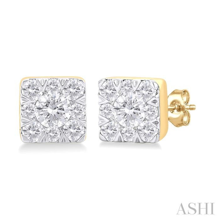 1/6 ctw Lovebright Petite Square Shape Round Cut Diamond Fashion Stud Earring in 10K Yellow Gold