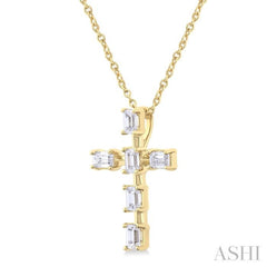 1/2 ctw Cross Emerald Cut Diamond Fashion Pendant With Chain in 14K Yellow Gold