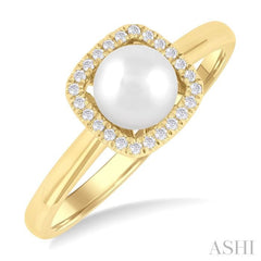 6 MM Cushion-Shaped Cultured Pearl and 1/10 ctw Petite Round Cut Diamond Halo Ring in 10K Yellow Gold