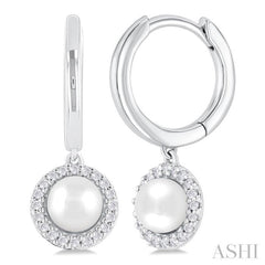 5.5 MM Round Shape Cultured Pearl and 1/8 ctw Petite Round Cut Diamond Halo Fashion Huggies in 10K White Gold