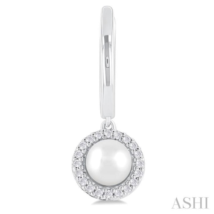 5.5 MM Round Shape Cultured Pearl and 1/8 ctw Petite Round Cut Diamond Halo Fashion Huggies in 10K White Gold