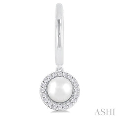5.5 MM Round Shape Cultured Pearl and 1/8 ctw Petite Round Cut Diamond Halo Fashion Huggies in 10K White Gold