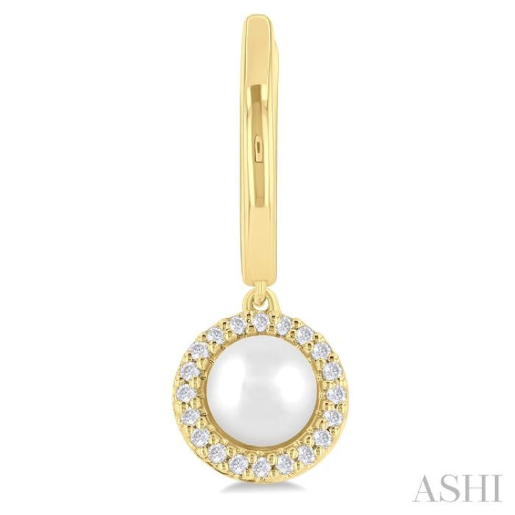 5.5 MM Round Shape Cultured Pearl and 1/8 Ctw Petite Round Cut Diamond Halo Fashion Huggies in 10K Yellow Gold