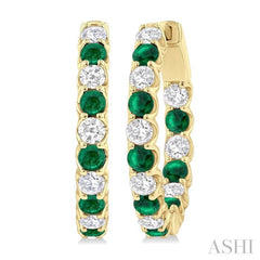 2.5 MM Emerald and 1 ctw Round Cut Inside-Out Diamond Precious Hoop Earrings in 14K Yellow Gold
