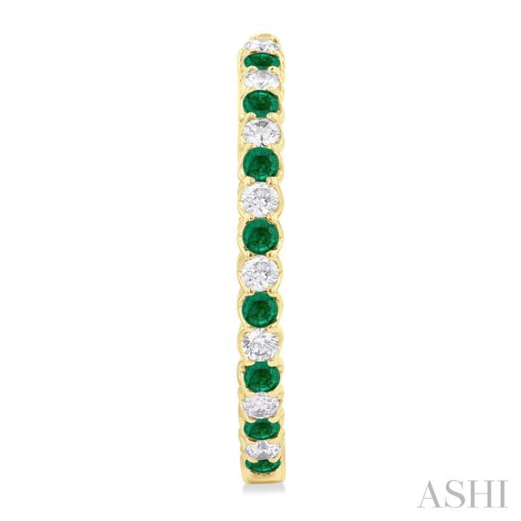 2.1 MM Round Emerald and 1 ctw Round Cut Diamond Inside & Outside Alternating Precious Hoop Earrings in 14K Yellow Gold