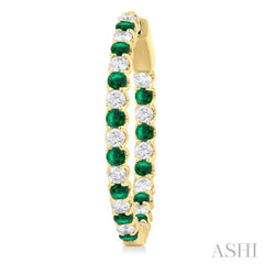 2.1 MM Round Emerald and 1 ctw Round Cut Diamond Inside & Outside Alternating Precious Hoop Earrings in 14K Yellow Gold