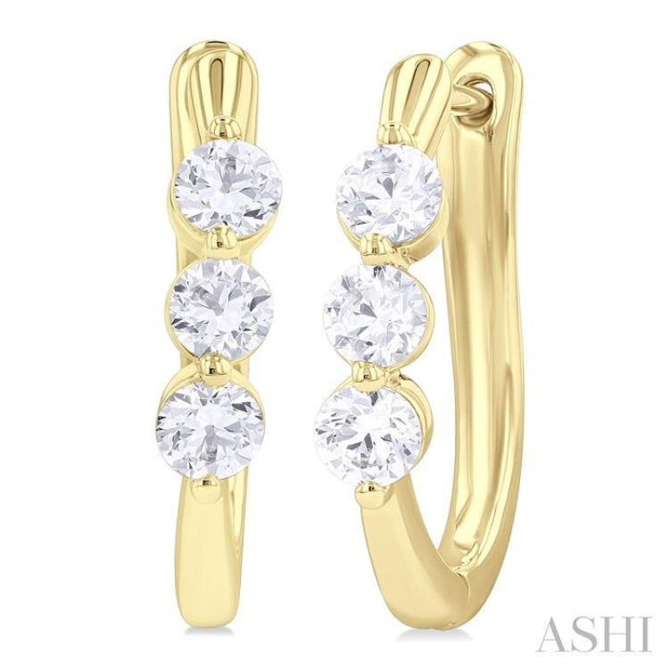 3/4 ctw 3-Stone Round Cut Diamond Fashion Hoop Earring in 14K Yellow Gold