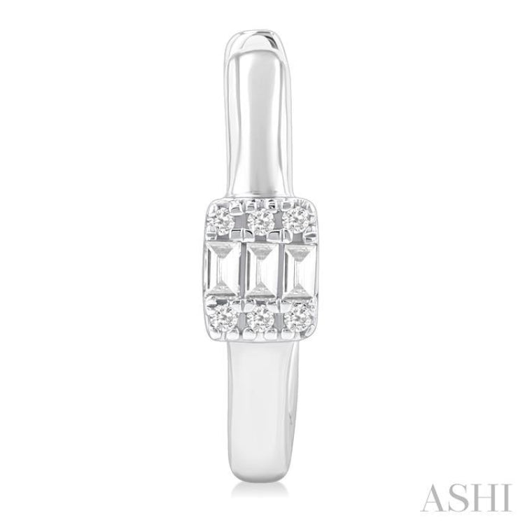 1/10 ctw Petite Rectangular Center Fusion Baguette and Round Cut Diamond Fashion Huggies in 10K White Gold