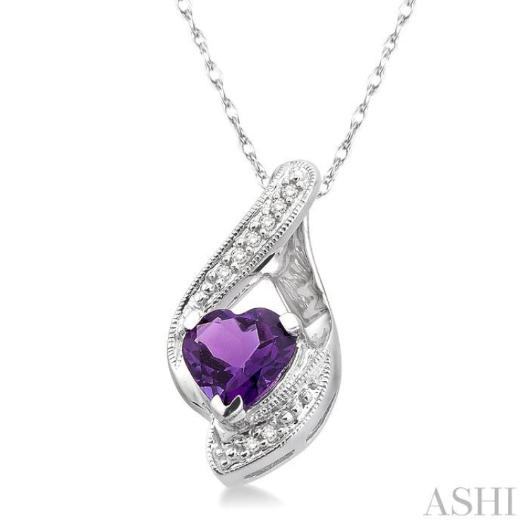 7 MM Heart Shape Amethyst and 1/20 ctw Single Cut Diamond Semi Precious Pendant in 14K White Gold with Chain