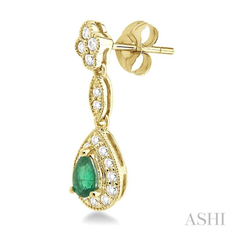 5x3 MM Pear Shape Emerald and 1/3 ctw Round Cut Diamond Earrings in 14K Yellow Gold