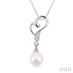 9x7 MM Briolette Cut Cultured Pearl and 1/20 ctw Round Cut Diamond Drop Pendant in 10K White Gold with Chain