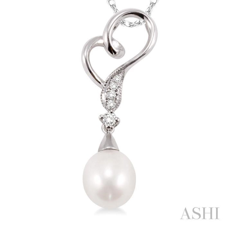 9x7 MM Briolette Cut Cultured Pearl and 1/20 ctw Round Cut Diamond Drop Pendant in 10K White Gold with Chain