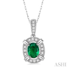 6x4 MM Oval Cut Emerald and 1/10 ctw Single Cut Diamond Pendant in 14K White Gold with Chain