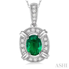 6x4 MM Oval Cut Emerald and 1/10 ctw Single Cut Diamond Pendant in 14K White Gold with Chain