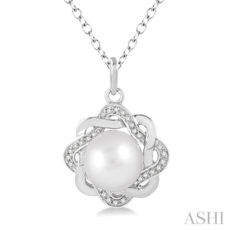 6.5x6.5 MM Round Shape Cultured Pearl and 1/10 ctw Round Cut Diamond Pendant in Sterling Silver with Chain