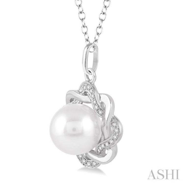 6.5x6.5 MM Round Shape Cultured Pearl and 1/10 ctw Round Cut Diamond Pendant in Sterling Silver with Chain