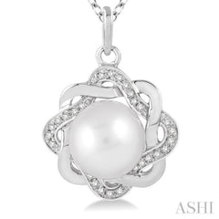 6.5x6.5 MM Round Shape Cultured Pearl and 1/10 ctw Round Cut Diamond Pendant in Sterling Silver with Chain