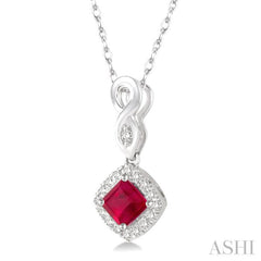 4x4 MM Cushion Shape Ruby and 1/10 ctw Round Cut Diamond Pendant in 10K White Gold with Chain