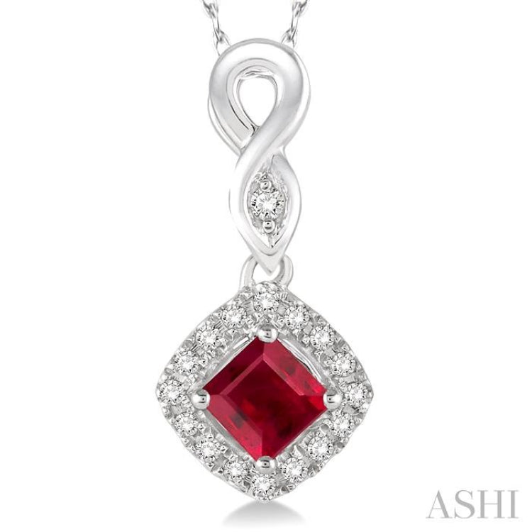 4x4 MM Cushion Shape Ruby and 1/10 ctw Round Cut Diamond Pendant in 10K White Gold with Chain