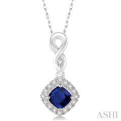 4x4 MM Cushion Shape Sapphire and 1/10 ctw Round Cut Diamond Pendant in 10K White Gold with Chain
