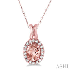 7x5 MM Oval Shape Morganite and 1/6 ctw Round Cut Diamond Pendant in 14K Rose Gold with Chain