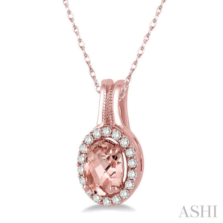 7x5 MM Oval Shape Morganite and 1/6 ctw Round Cut Diamond Pendant in 14K Rose Gold with Chain