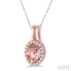 7x5 MM Oval Shape Morganite and 1/6 ctw Round Cut Diamond Pendant in 14K Rose Gold with Chain