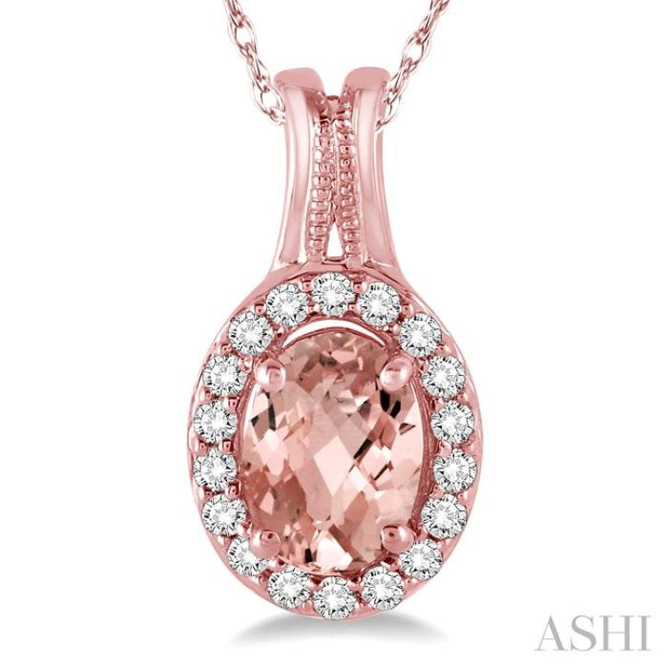 7x5 MM Oval Shape Morganite and 1/6 ctw Round Cut Diamond Pendant in 14K Rose Gold with Chain