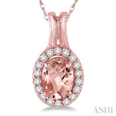7x5 MM Oval Shape Morganite and 1/6 ctw Round Cut Diamond Pendant in 14K Rose Gold with Chain