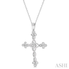 1/10 ctw Marquise & Floral Lattice Cross Round Cut Diamond Pendant With Link Chain in 10K White Gold