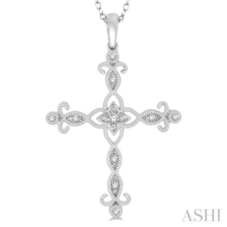 1/10 ctw Marquise & Floral Lattice Cross Round Cut Diamond Pendant With Link Chain in 10K White Gold