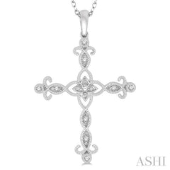 1/10 ctw Marquise & Floral Lattice Cross Round Cut Diamond Pendant With Link Chain in 10K White Gold