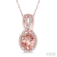 8x6 MM Oval Cut Morganite and 1/6 ctw Round Cut Diamond Entwined Semi Precious Pendant in 14K Rose Gold with chain